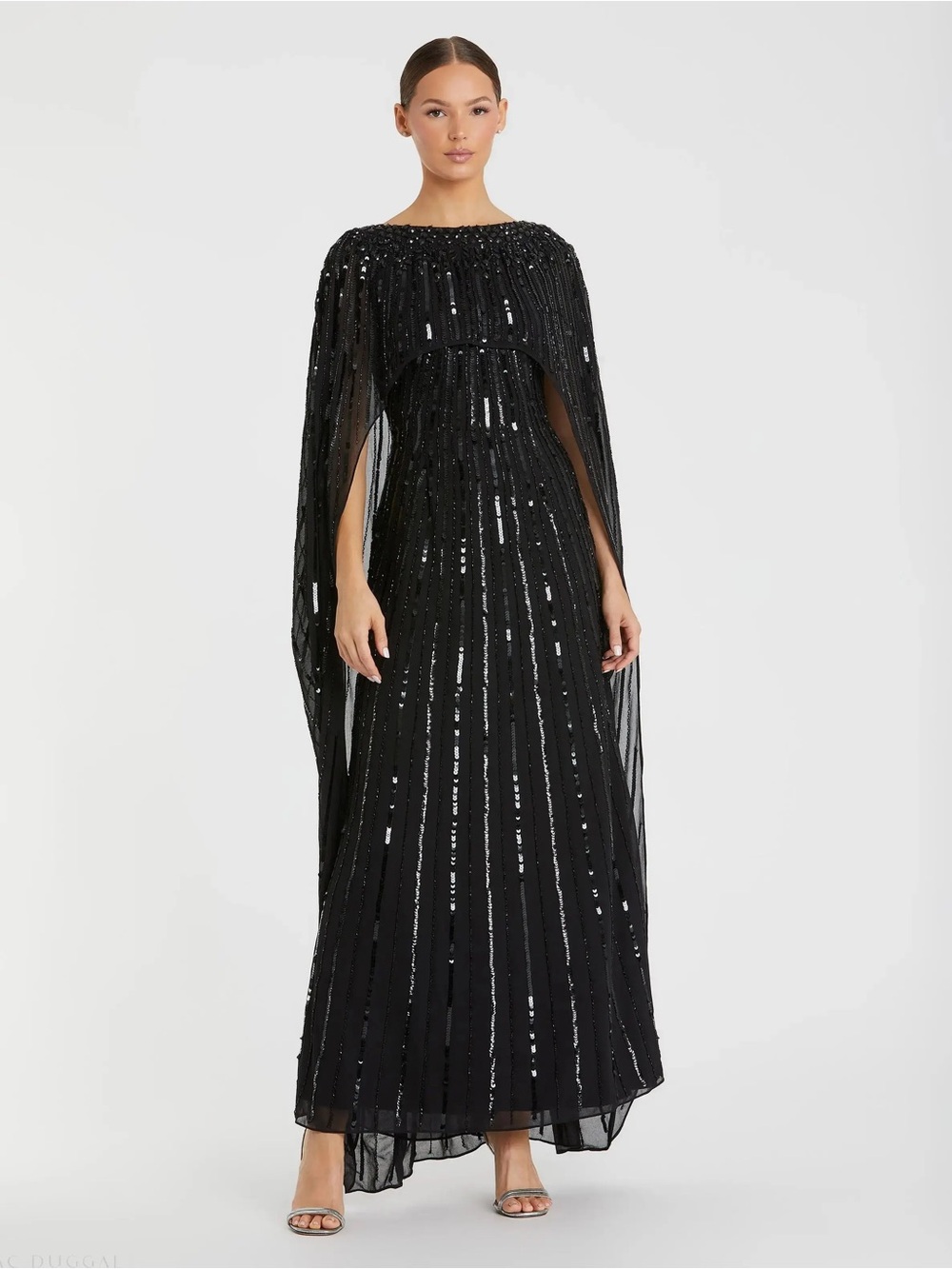 Mac Duggal 93869 Black Black Embellished Beaded Column Cape Gown sz 4